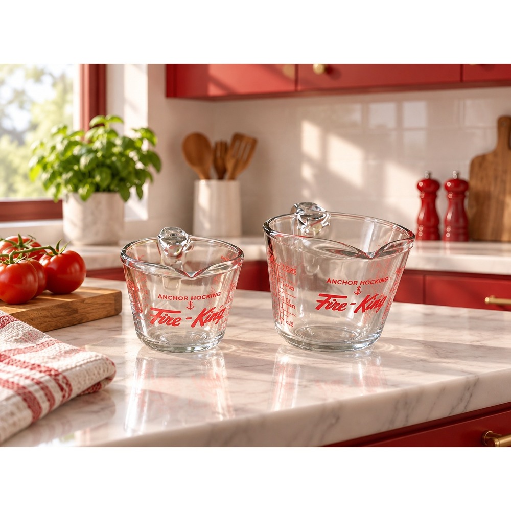 Vintage 1970s Anchor Hocking Fire-King Red Letter Glass Measuring Cups 1 & 2 Set
